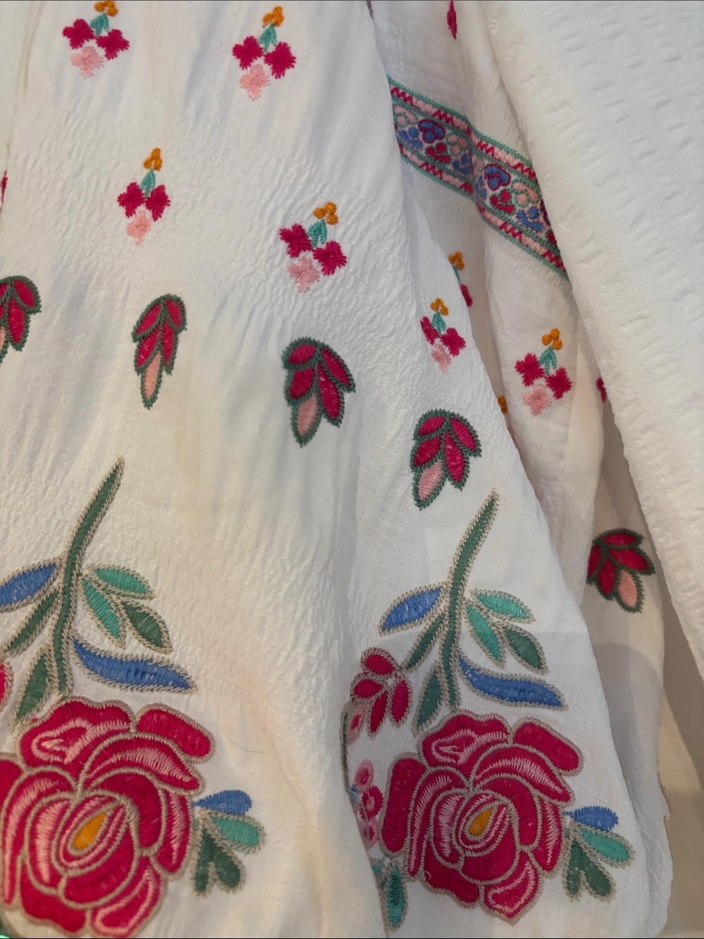 THML white Blouse with Pink & Green Embroidered Puff Sleeves - Picture 3 of 4
